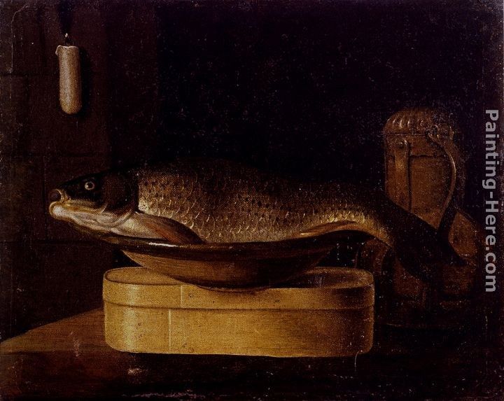 Sebastien Stoskopff Still Life Of A Carp In A Bowl Placed On A Wooden Box, All Resting On A Table